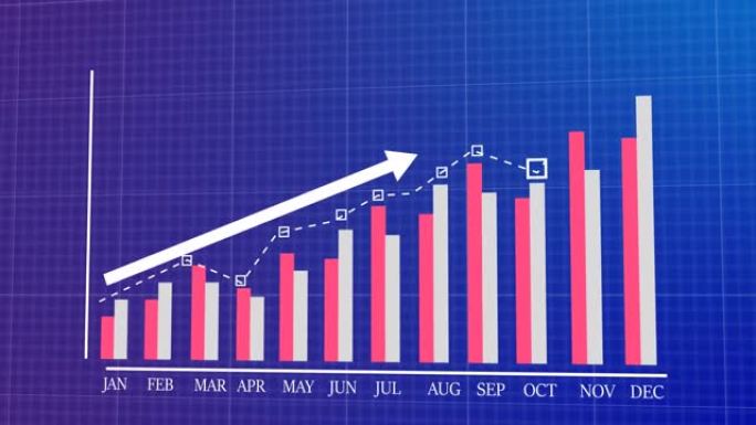 商业/金融增长和成功演示与辉光。蓝色背景上的4k条形图和图形图表图。