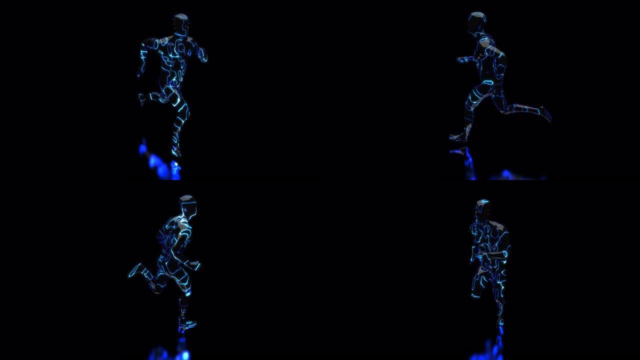 黑色背景上的循环3D抽象数字蓝色转向人