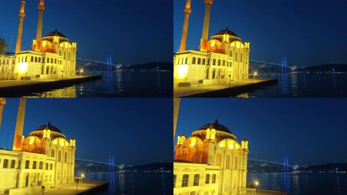 伊斯坦布尔奥塔科伊清真寺的空中夜景