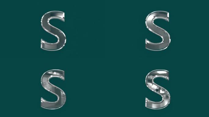 白色闪亮玻璃状字体或字母，带有移动反射，可在视频中生成单词-字母S隔离在绿色背景上，60FPS 4K