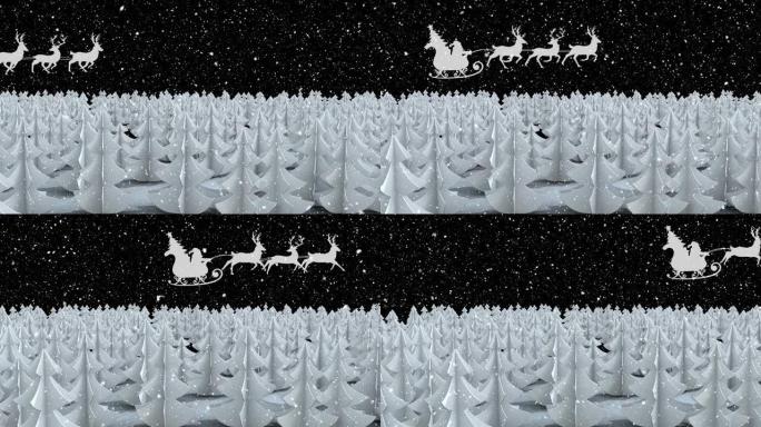 雪落在雪橇上的圣诞老人的剪影上的数字动画被驯鹿拉