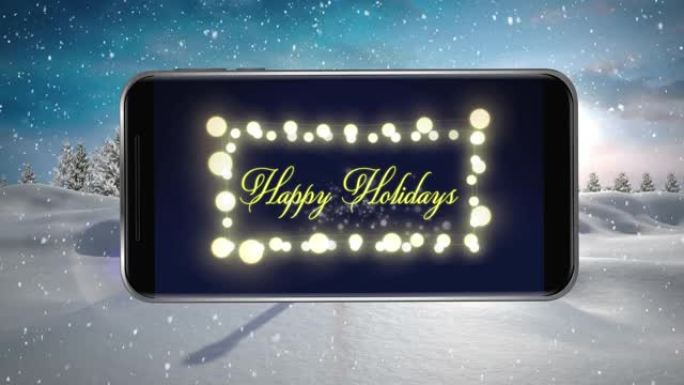 带有冬季风景的智能手机屏幕上显示的节日快乐文字和仙女灯的动画