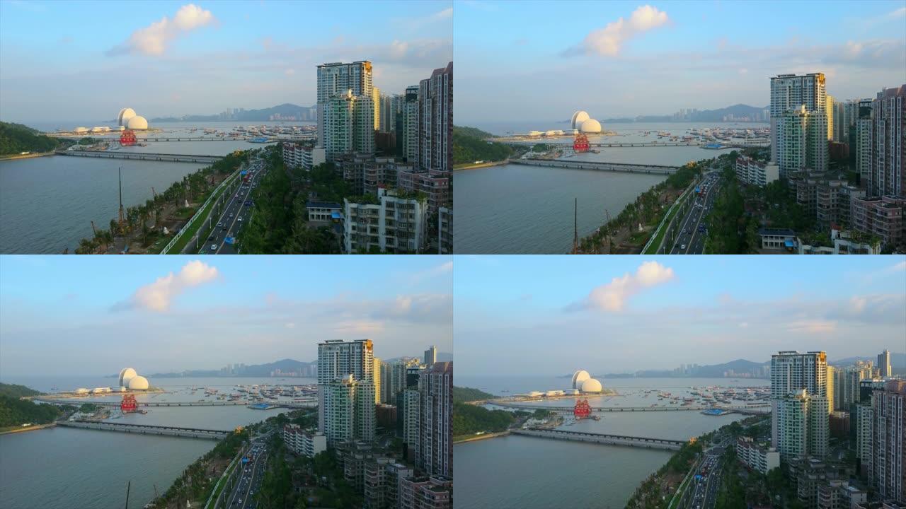 珠海城市景观交通湾路歌剧院岛空中全景4k中国