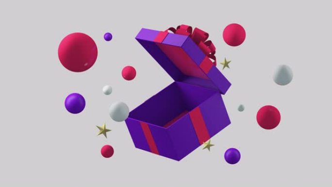 紫色圣诞礼盒旋转开口，彩球和金星掉落