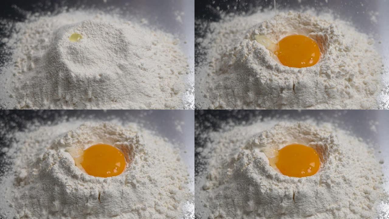 鸡蛋落入面粉，特写镜头和慢动作