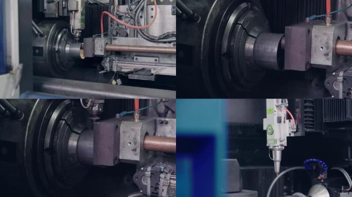 不锈钢供水管上的现代技术数控切割动力动作。包含三个视频剪辑。