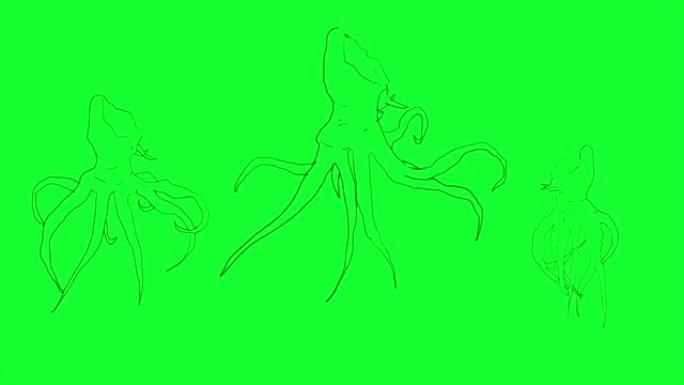 绿色屏幕上怪物章鱼的手绘动画