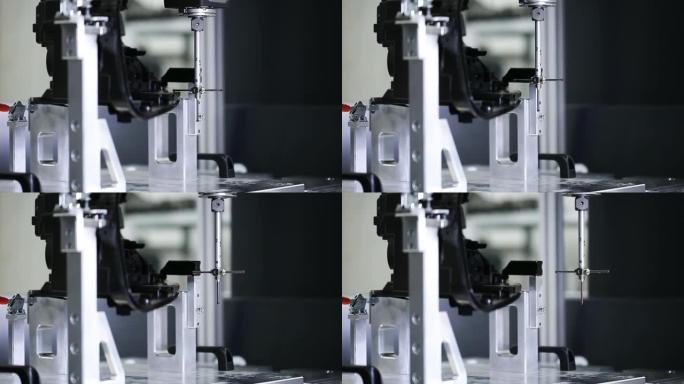三坐标测量机3D尺寸测量塑料零件的特写，3D自动测量系统，汽车工业概念，智能工厂