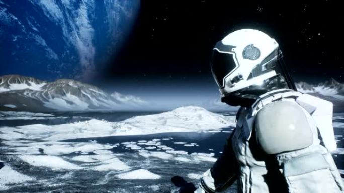 一个宇航员探险家正在一个无人居住的星球上行走。幻想、未来或太空旅行背景的动画。