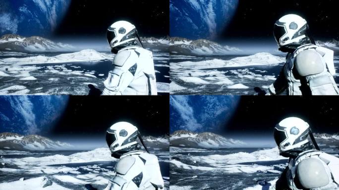 一个宇航员探险家正在一个无人居住的星球上行走。幻想、未来或太空旅行背景的动画。