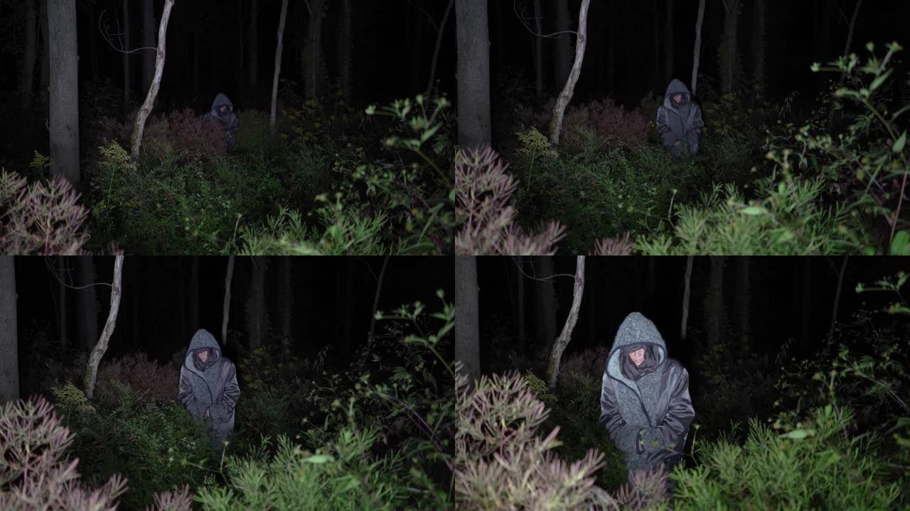 可怕的老妇人在黑暗的树林中走近。