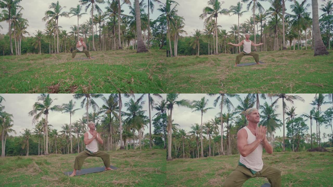 在热带岛屿上练习瑜伽的家伙