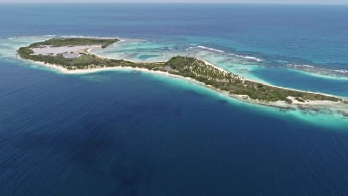 拥有白沙和椰子树的加勒比海绿松石水岛的鸟瞰图