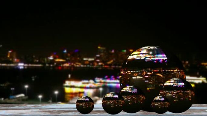 旧木地板上的球形玻璃的反射模糊了夜晚的光线游轮上的餐厅停在海上