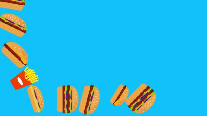 蓝屏色键上的快餐汉堡和土豆动画