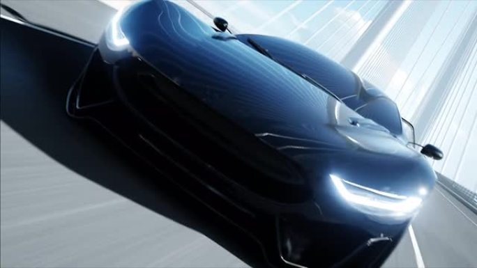 桥上黑色未来派汽车的3d模型。非常快的驾驶。未来的概念。逼真的4k动画。