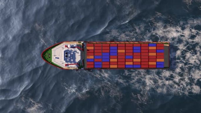 集装箱货船满载集装箱在海上的鸟瞰图。物流、海运、进出口或运输概念。3d渲染。