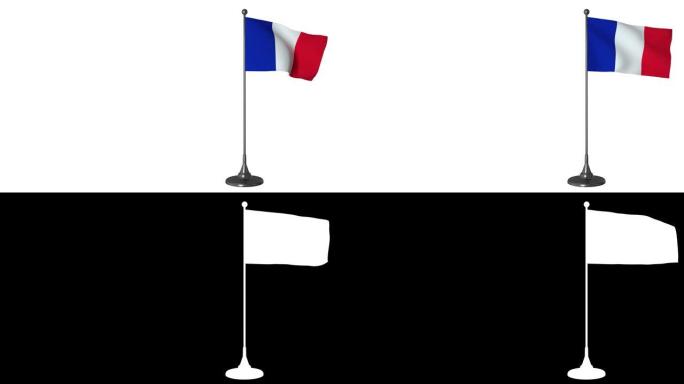 法国小旗在旗杆上飘扬。白色屏幕背景，alpha通道4K