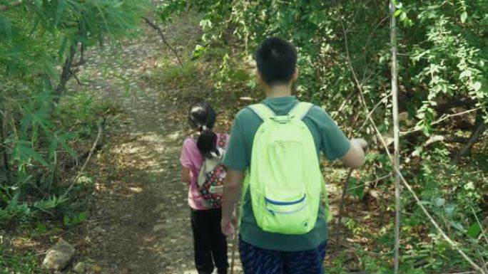 背包客的孩子们早晨带着阳光一起走进森林到山峰，积极的生活方式理念。