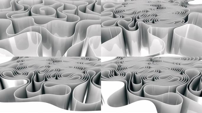 抽象白色波浪形纸样条变形运动效果背景。4k运动图形视频