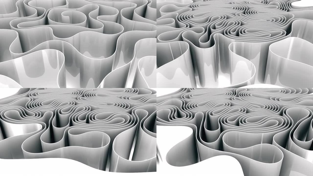 抽象白色波浪形纸样条变形运动效果背景。4k运动图形视频
