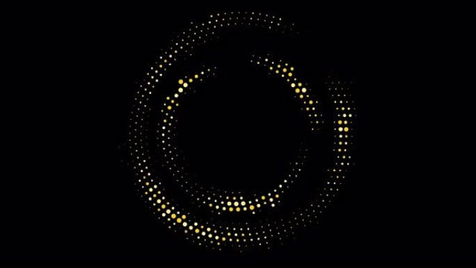 黑色背景上呈圆形旋转的金色圆点的抽象圆。