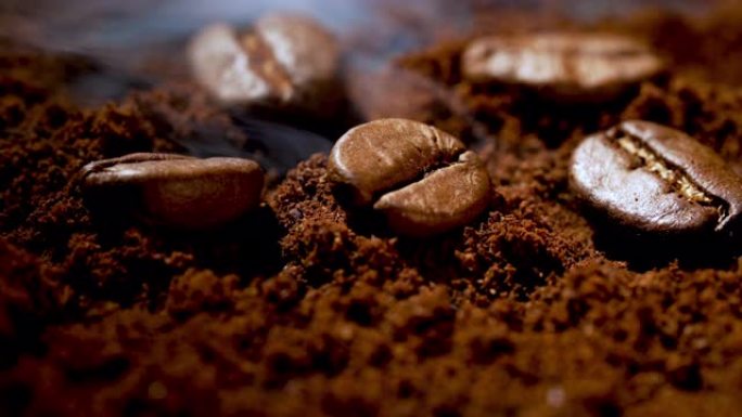 咖啡豆研磨咖啡，带烟雾微距慢动作4k