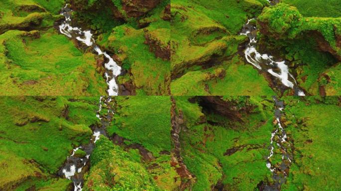 冰岛景观中的溪流山川溪水植被雨林