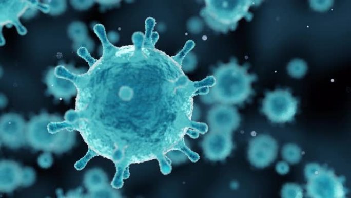 病毒动画，电晕病毒爆发新型冠状病毒肺炎，漂浮流感病毒细胞的显微观察