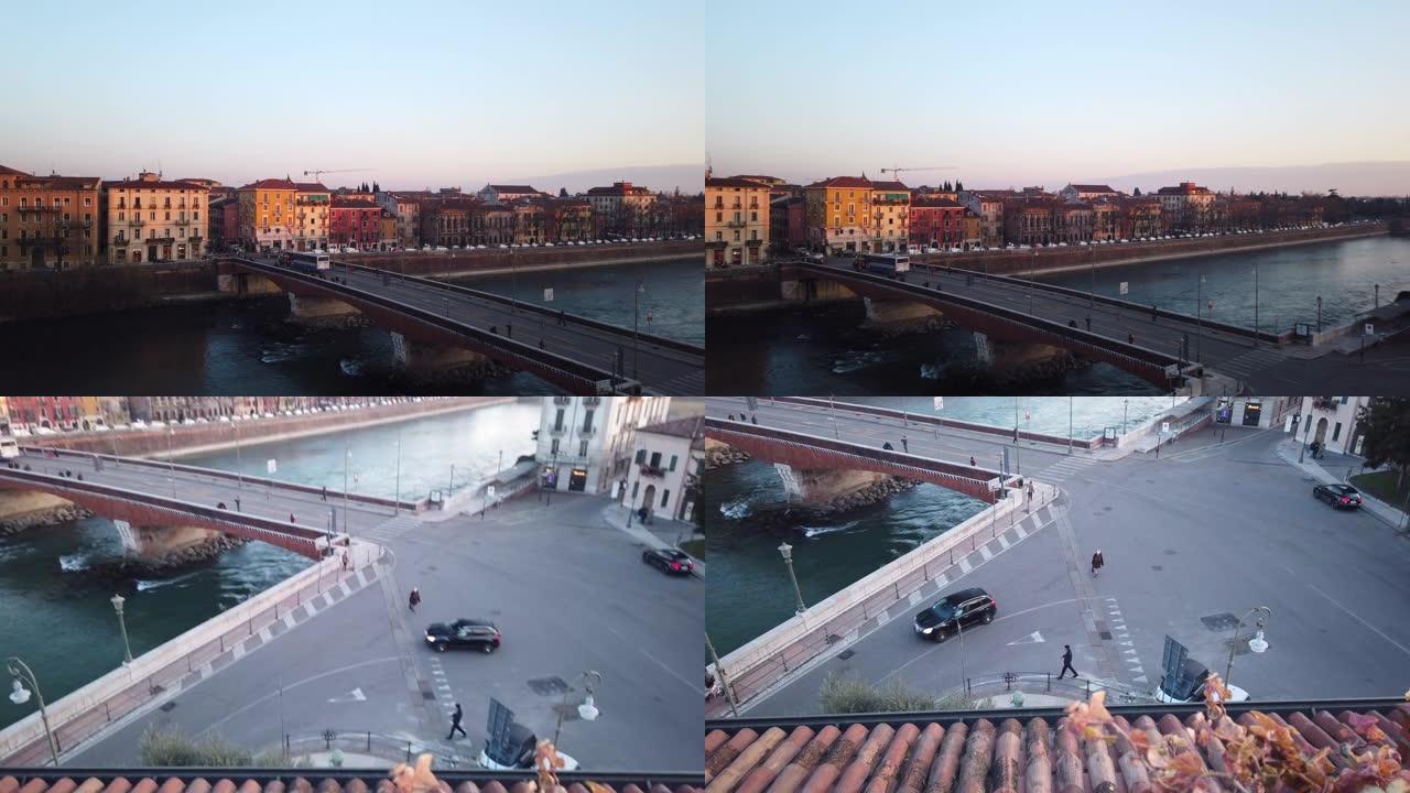 意大利维罗纳城市带河桥的日落屋顶景观