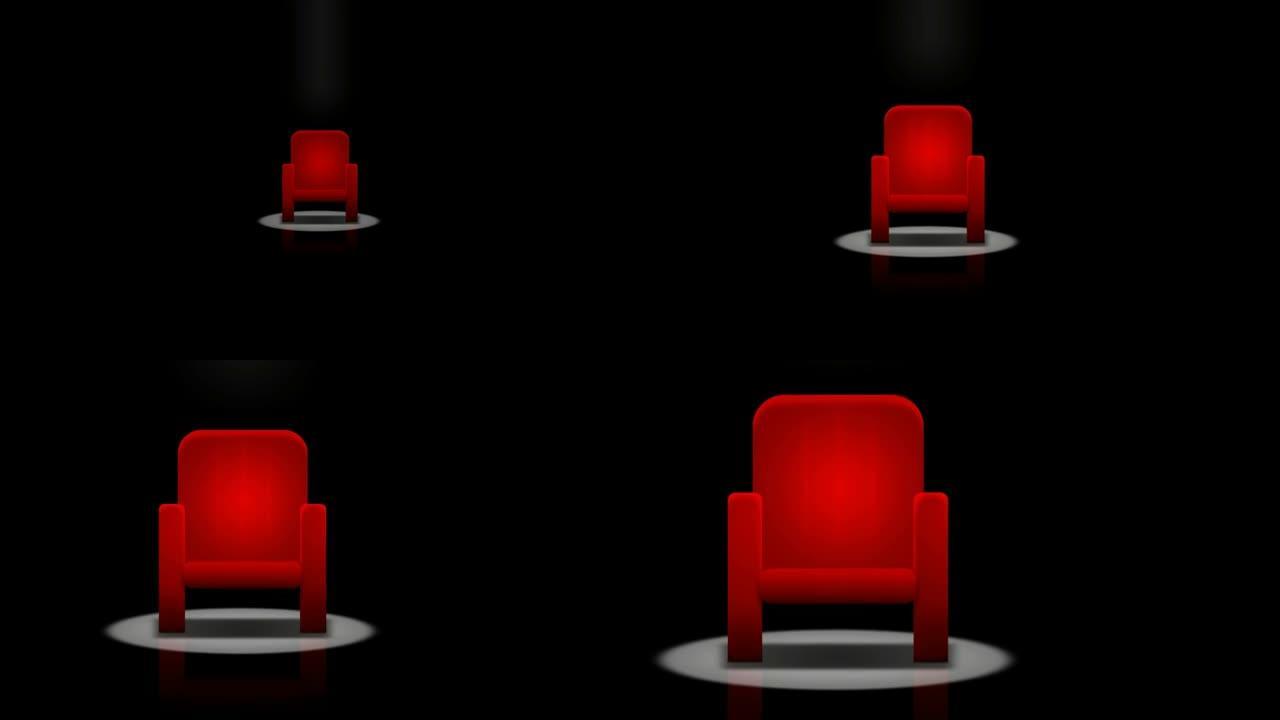 大厅里的灯光，电视演播室、电影院或剧院里的五把扶手椅。二维动画。剪辑片段4 k