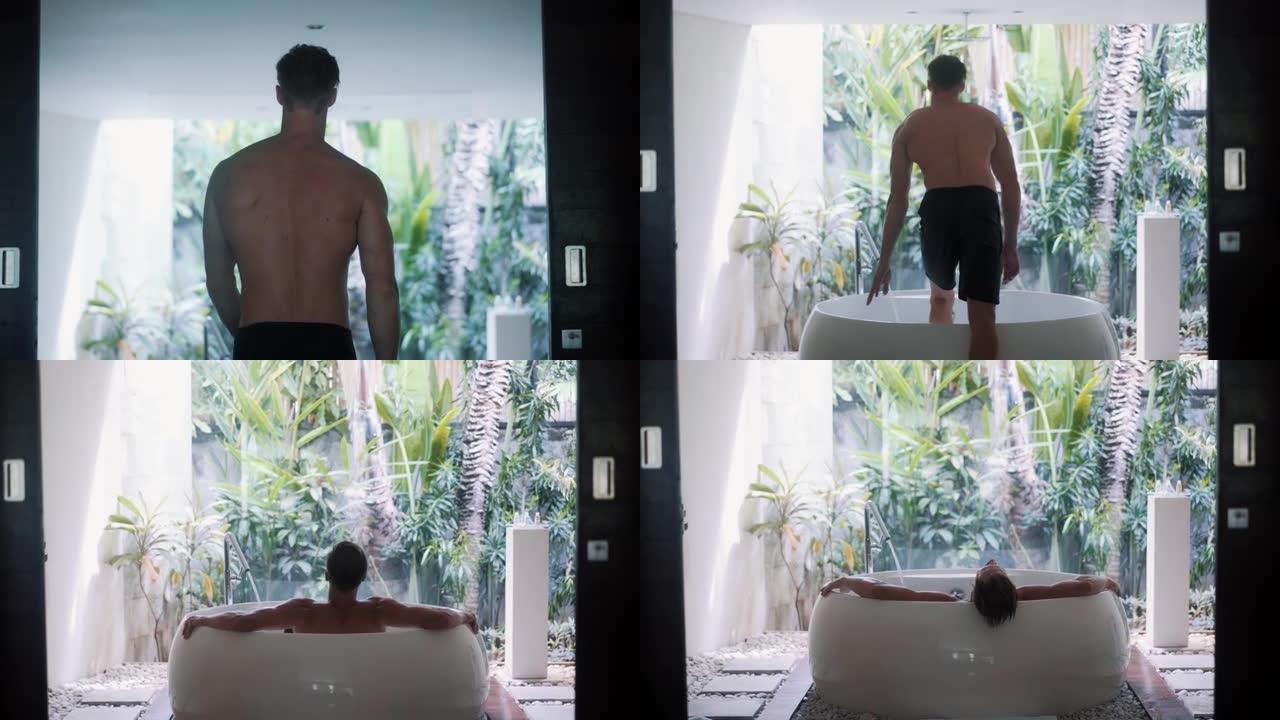 肌肉男打开门，进入豪华公寓的浴室，坐在浴缸里