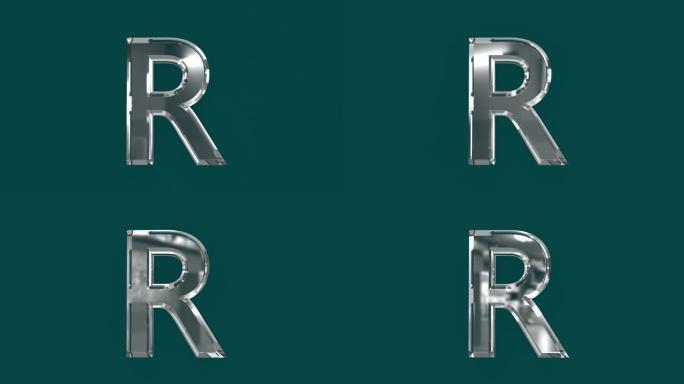 白色闪亮玻璃状字体或字母，带有移动反射，可在视频中书写单词-字母R隔离在绿色背景上，60FPS 4K