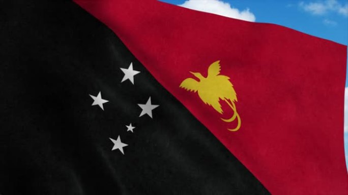 巴布亚新几内亚国旗在风中飘扬，蓝天为背景。4 k