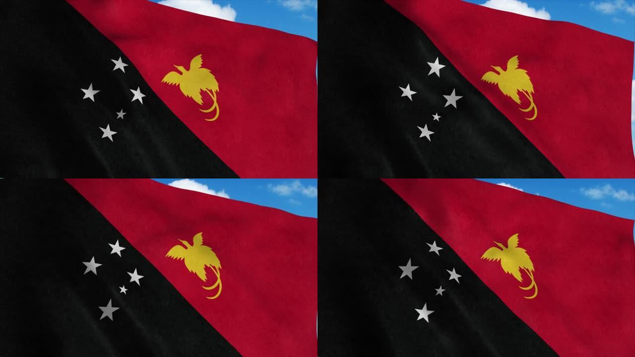巴布亚新几内亚国旗在风中飘扬，蓝天为背景。4 k