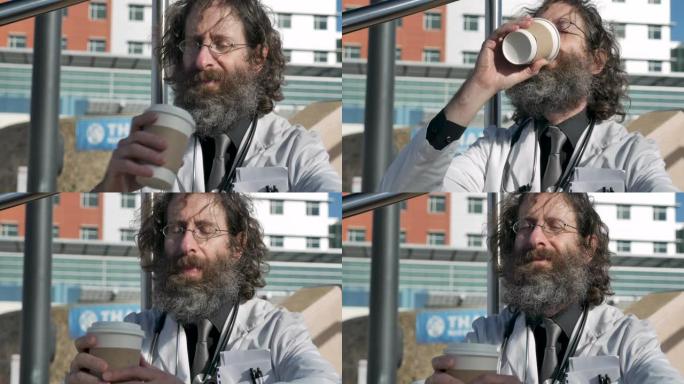 一名男医生在医院外休息的手持镜头