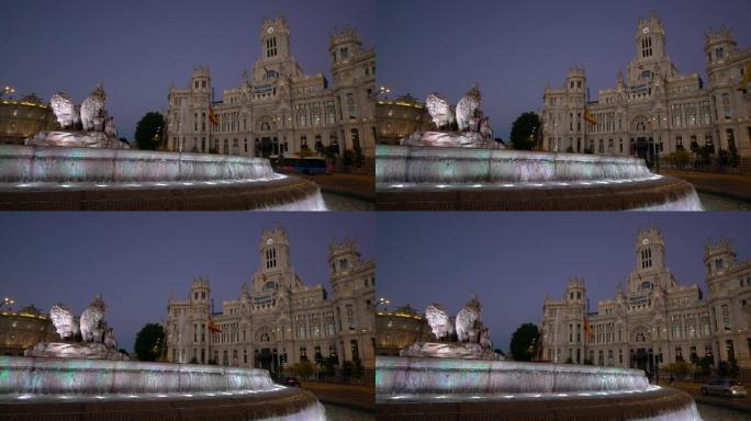 马德里夜晚的西贝莱斯喷泉广场