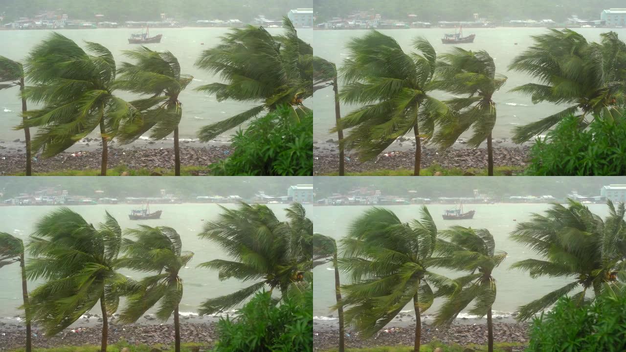 在大雨和狂风下的港口中的船只。热带风暴概念。包含自然声音