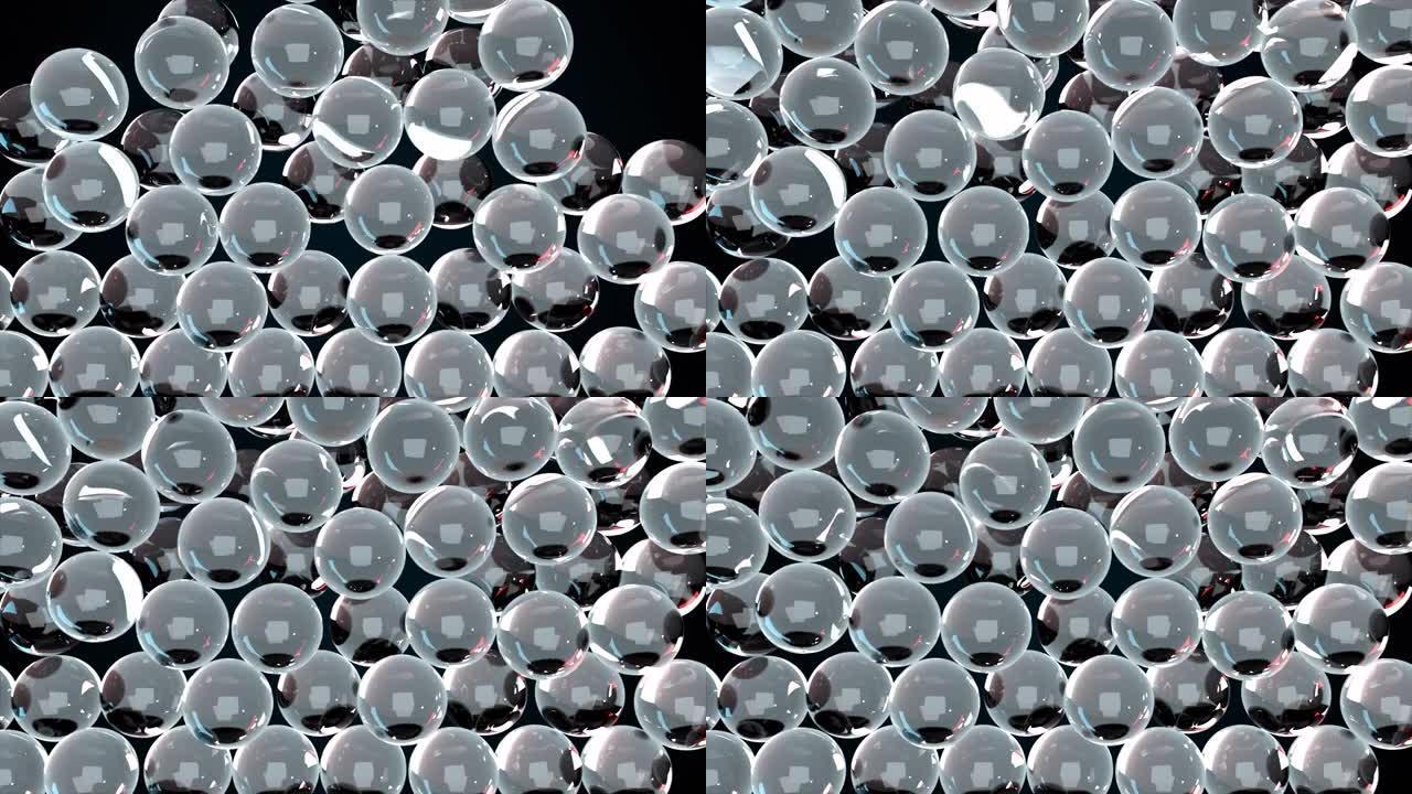许多落下的玻璃球，电脑产生。水晶透明背景的3d渲染