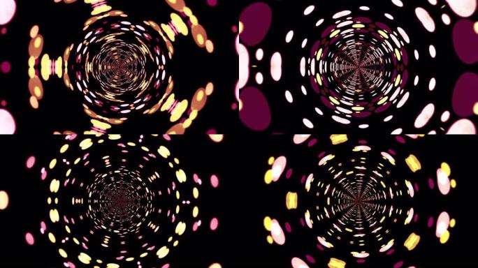 4K 3D渲染无缝循环抽象背景与粉红色和金色bokeh隧道光。抽象的迷幻万花筒，具有bokeh光的移