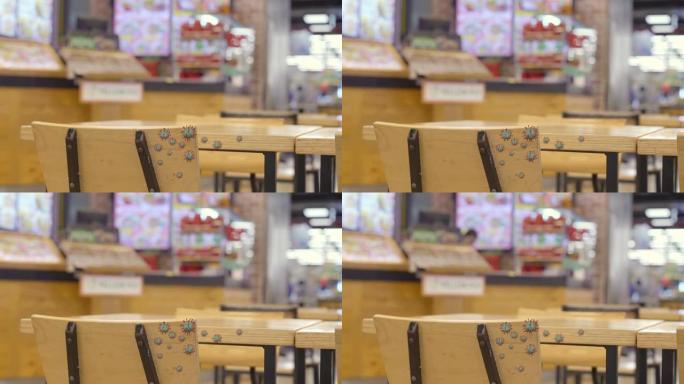 在购物中心的咖啡馆的椅子和桌子上的冠状病毒。新型冠状病毒肺炎预防传播概念。接触公共表面的污染