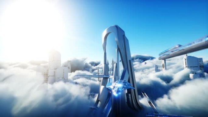 云中的未来科幻城市。乌托邦。未来的概念。飞行客运。空中奇妙的景色。逼真的4k动画。