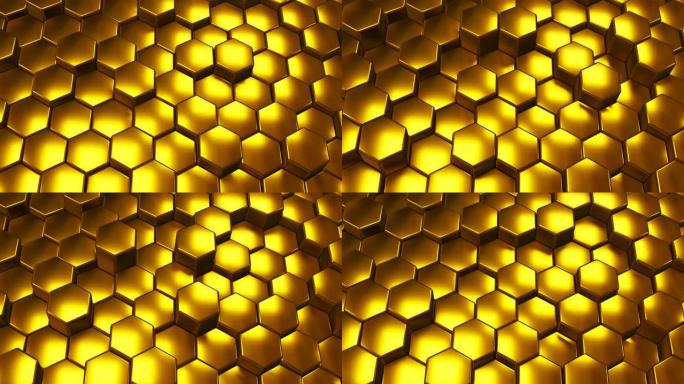 抽象黄金未来六边形3D表面图案，六边形金墙循环移动。