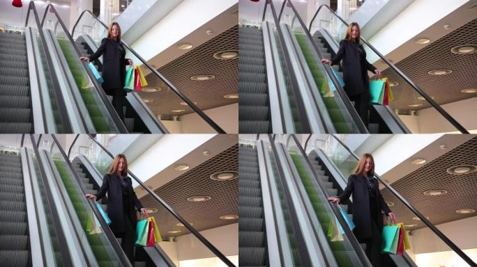 年轻女子降落在购物中心的自动扶梯上。保持纸张
