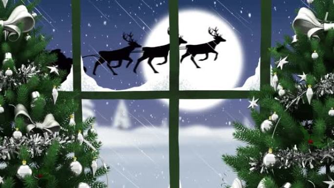 两棵圣诞树和窗框的数字动画，以防雪花落在圣诞老人上