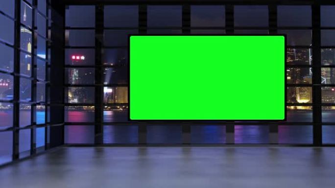 3D虚拟电视演播室，夜间全景城市天际线，绿屏和泛光灯