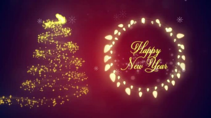 雪花飘过新年快乐文字和仙女灯的数字动画