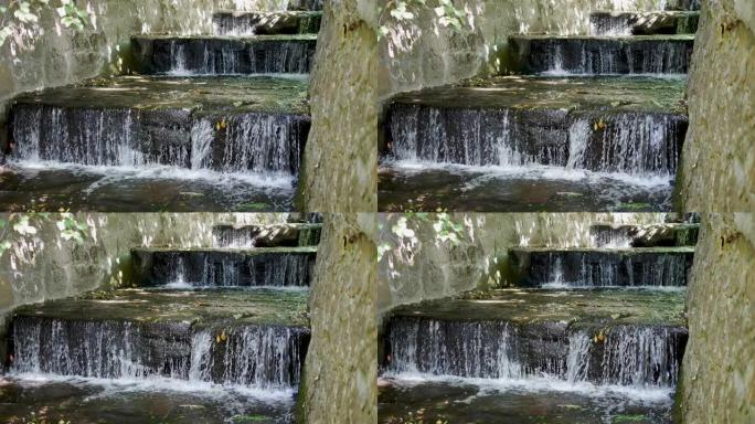瀑布美，山涧，水溅山中，台阶上有瀑布。