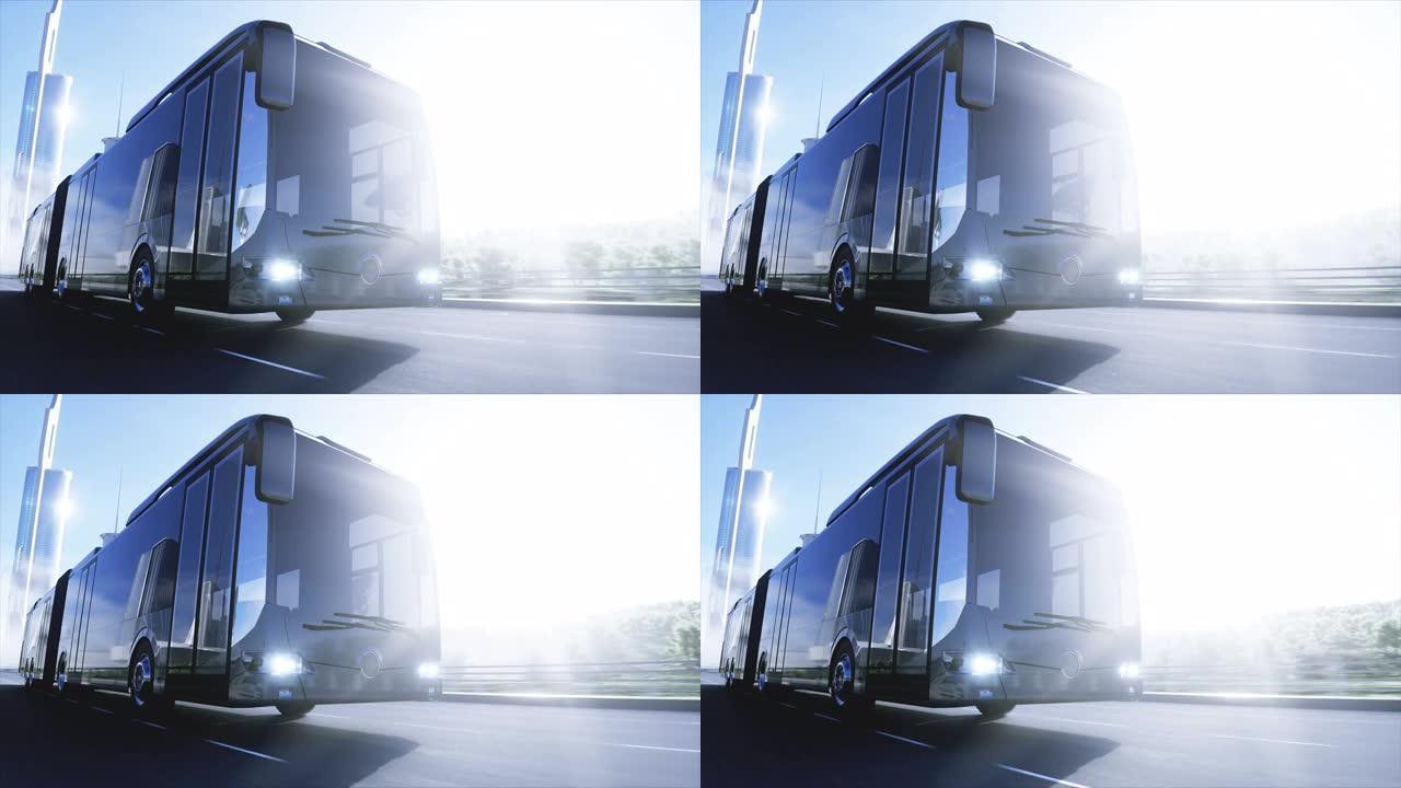 客运巴士在高速公路上非常快速行驶的3d模型。未来的城市背景。3d渲染。