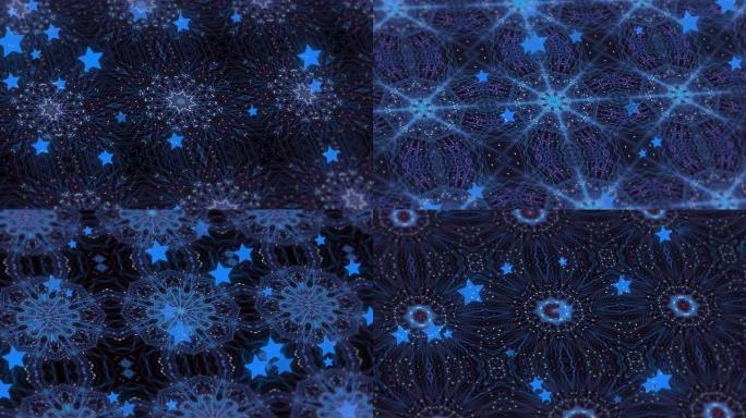 黑色背景下催眠运动的蓝色万花筒形状的数字动画
